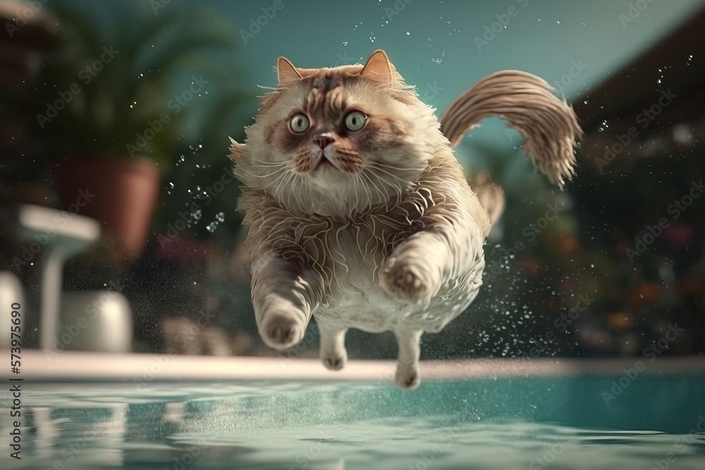 Poster a cat jumping into a pool of water with its front paws in the air and it's front paws in the air unr