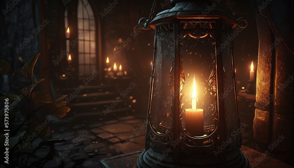 Poster a candle is lit in a dark room with a window and stairs in the background rendered in unreal 5 an am