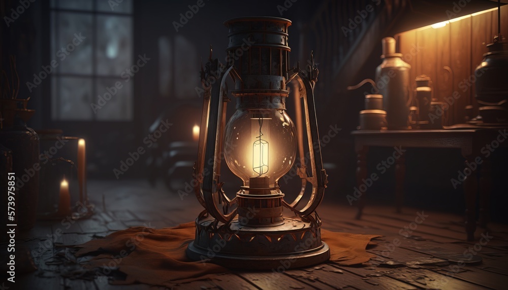 Poster a lantern is sitting on a wooden floor in a dark room with a table and a window rendered in unreal 5