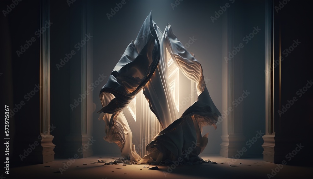 Poster A room with a curtain and a light coming through it and a floor with a hole in it octane renderer an abstract sculpture deconstructivism