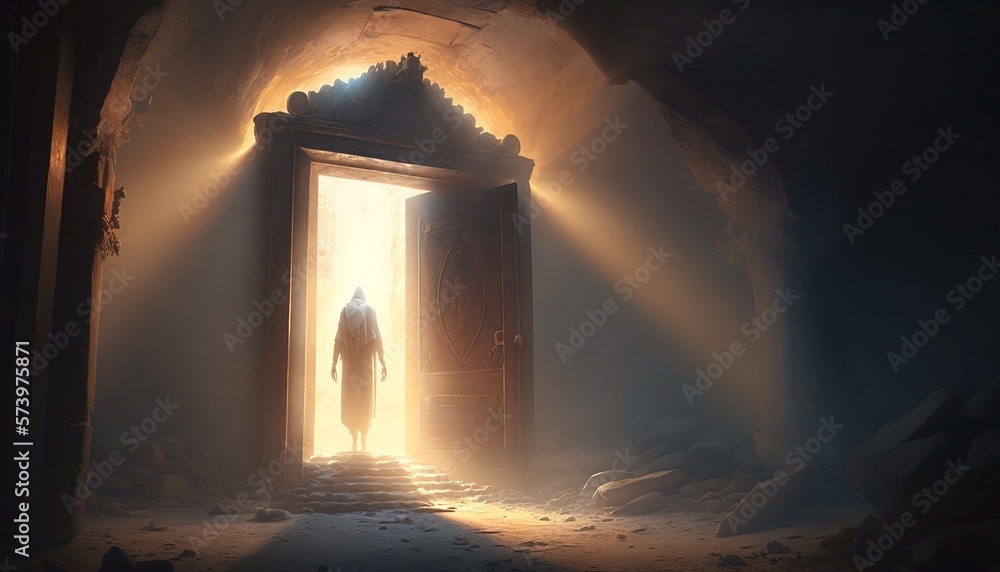 Aufkleber a man standing in a doorway with light coming through it and a light coming through the door rendere