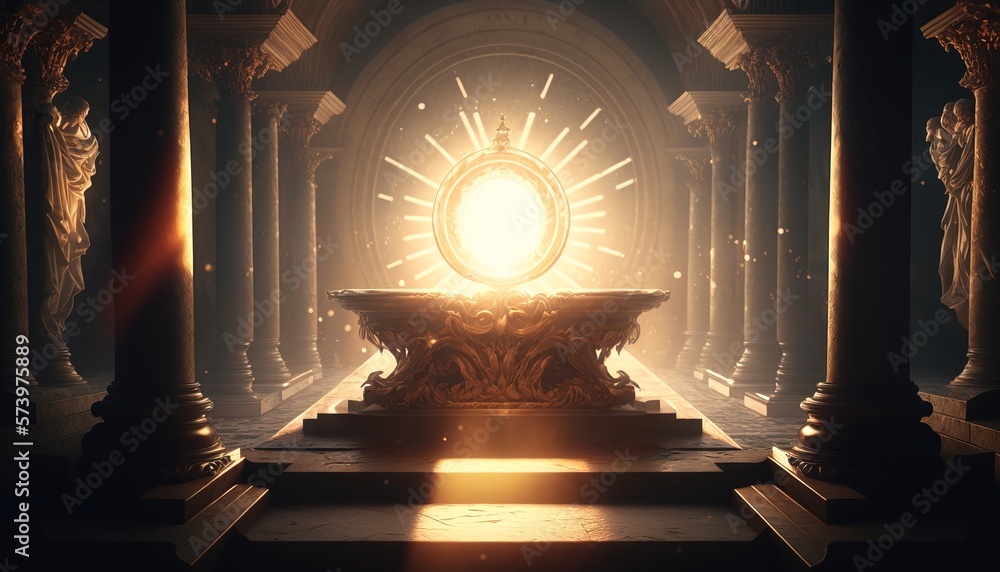 Poster a light shines brightly in a dark room with pillars and pillars on either side rendered in unreal 5 