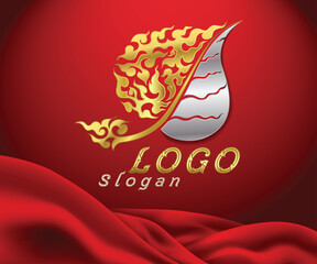 Bodhi leaf logo lai Thai luxury styles gold sliver on red background vector, Symbols of Buddhism