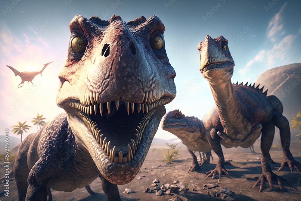 Poster a group of dinosaurs with their mouths open in a desert landscape with palm trees and a mountain in 