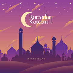 Ramadan Kareem Mosque Under Crescent Moon Beauty Sky Purple Pink Yellow Cartoon Illustration
