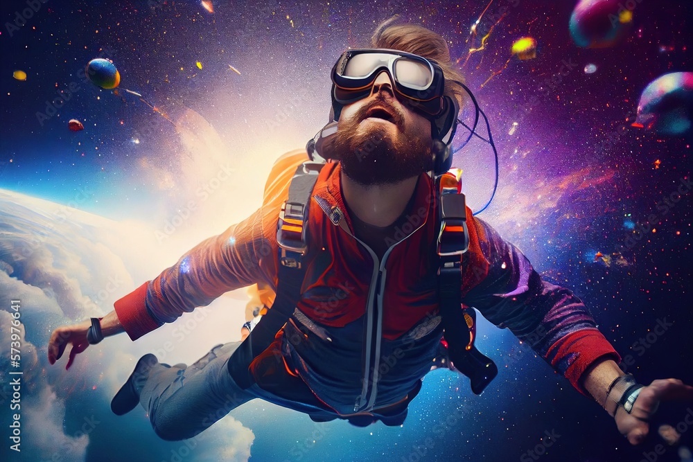 Fototapete A man in a space suit is floating in the air with a pair of goggles on affinity photo computer graphics panfuturism