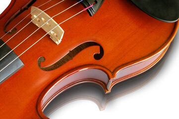Musical instruments: violin closeup showing the bridge 