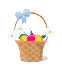 Basket with Easter eggs and flowers.