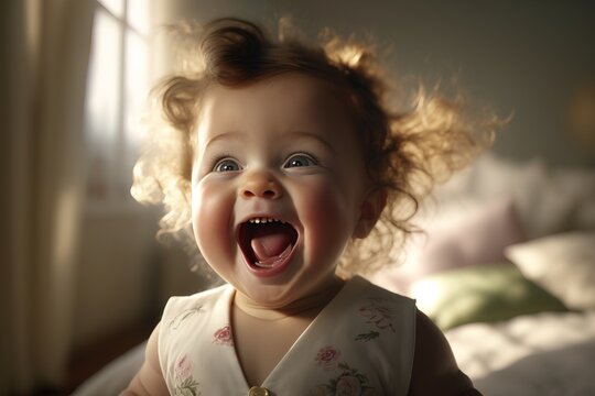 A Baby Girl Laughing And Looking Up At The Camera With Her Mouth Open And Hair Blowing In The Wind Cheerful A Photorealistic Painting Art Photography