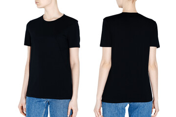 women's t-shirt on the model on both sides on a white background isolated