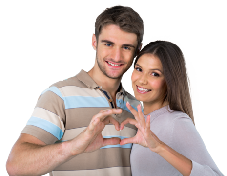 Portrait of Smiling Girl and her Handsome Boyfriend making the shape of Heart by their Hands.