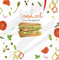 Sandwiches with cheese fresh paprika tomato onion champignons and olives realistic chalkboard background advertisement poster vector illustration