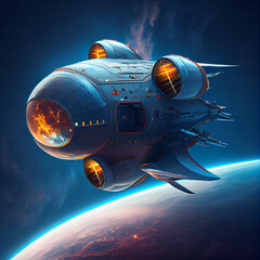 Obraz premium Future Spaceship Flying in Space - Generative AI