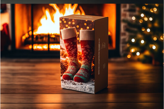 Christmas socks with woman legs on wooden board of free space for your decoration and blurred background of fireplace