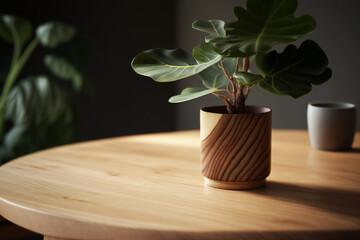  close up of a wooden table with a plant in the background in minimalist style
