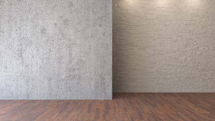 Modern interior with concrete panel, white brick wall and wooden floor. Empty room with blank wall mockup. 3d render