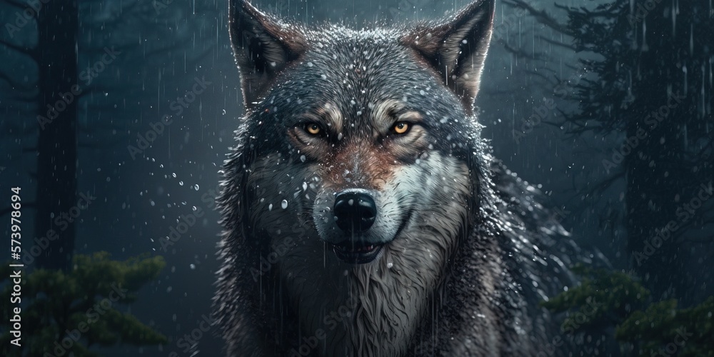Poster a wolf with a wet coat on in the rain with trees in the background and a dark sky cryengine concept 