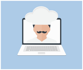 Culinary video broadcast, channel or blog with cooking online class logo design. Chef man preparing. Concept of vlogging, blogging and content creation vector design and illustration.

