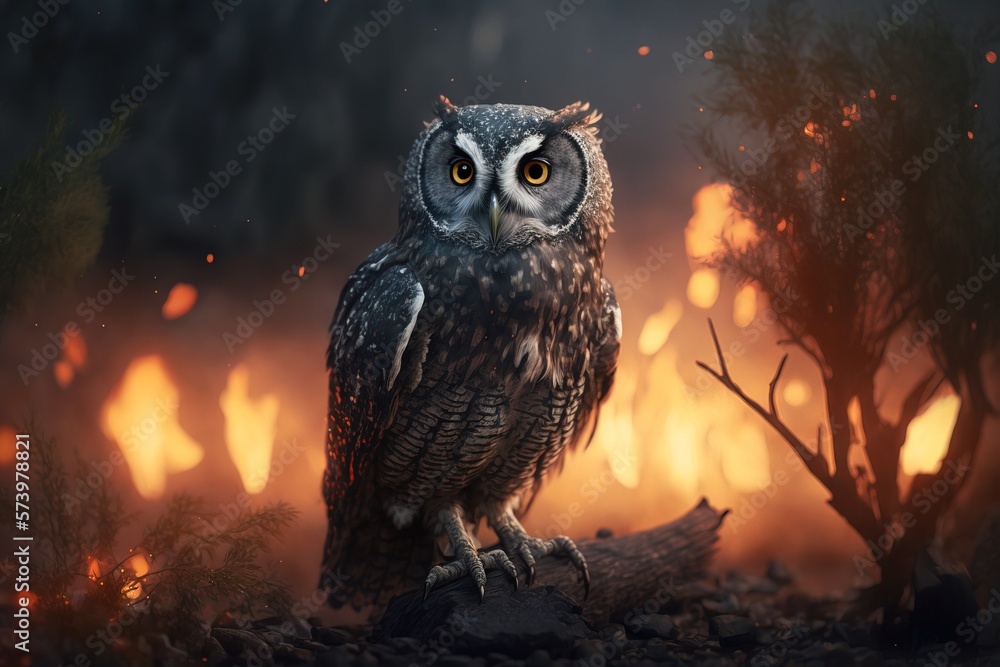 Poster a large owl sitting on a tree branch in a forest with fire in the background ultra realistic digital