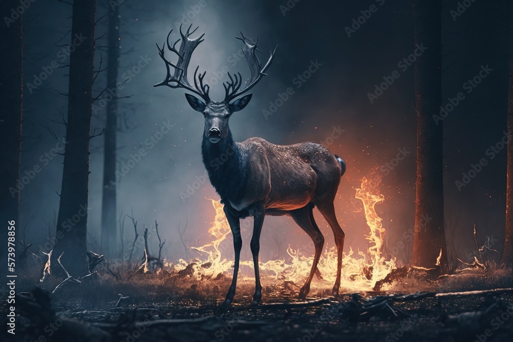 Poster a deer standing in the middle of a forest with fire in the background and a dark background forest b