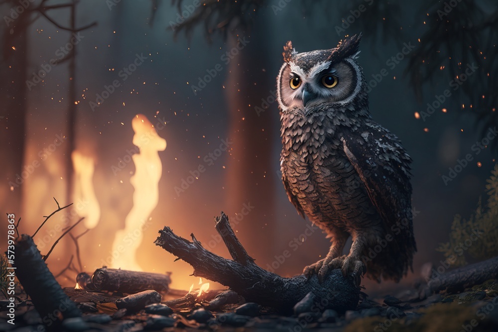 Poster an owl sitting on a branch in a forest with a fire in the background and a woman in the background r