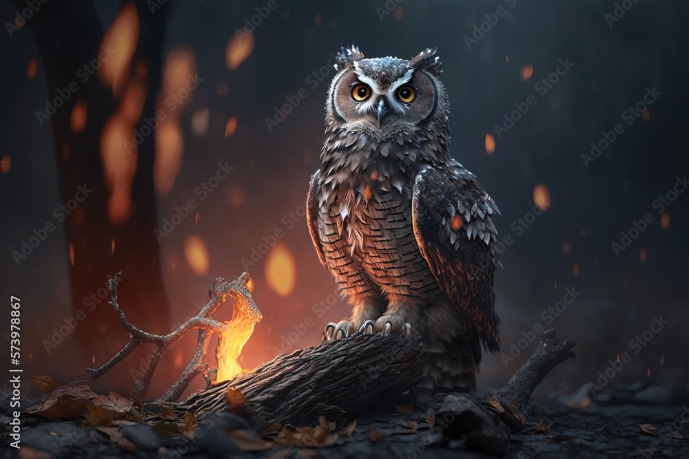 Poster an owl sitting on a log in the woods with a fire in the background and a dark background dark backgr