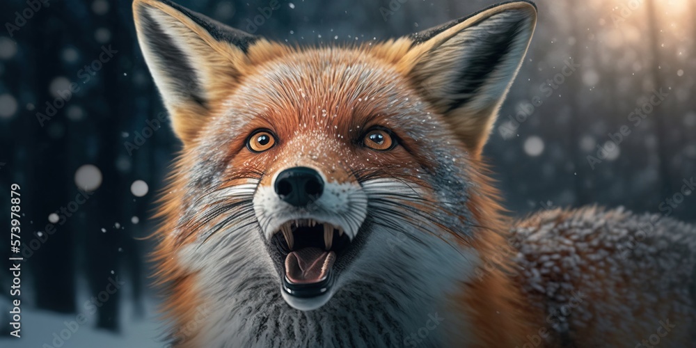 Poster a red fox with its mouth open in the snow with it's mouth wide open ultra realistic digital art a 3d