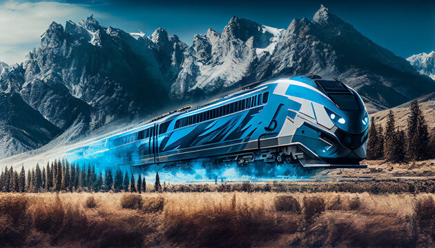 Futuristic Future Trains Driving in the Mountains - Generative AI