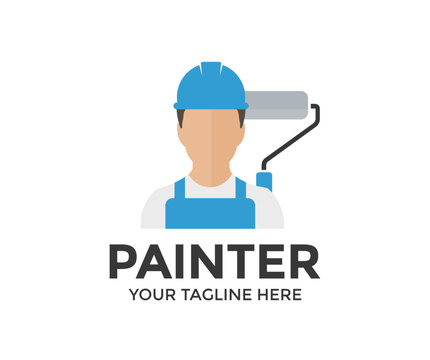Hard-working professional Painter worker man logo design. Workman and paint roller. Person Profile, Avatar Symbol, Male people icon. Male professional Painter service vector design and illustration.
