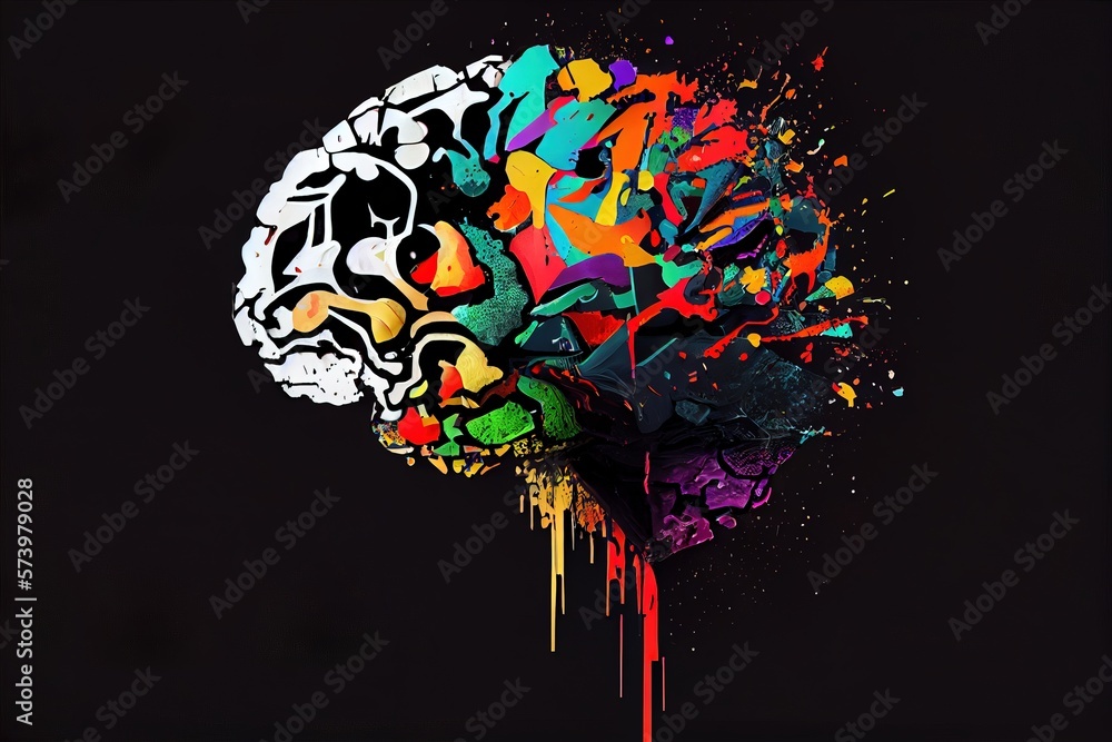 Poster a colorful brain with paint splatters on it's side and a black background triadic color scheme an ab