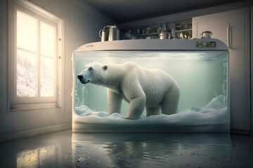 Global warming concept, polar bear swiming in a fridge. Generative AI