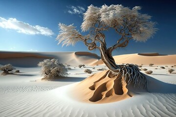 Global warming concept, snow tree in the desert. Generative AI
