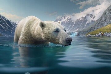 Polar bear swimming in icy waters in Antarctica. Generative AI