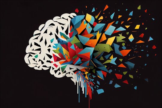 A colorful brain with a black background and a black background with a white brain and a multicolored triangle pattern colorful flat surreal design a cubist painting analytical art