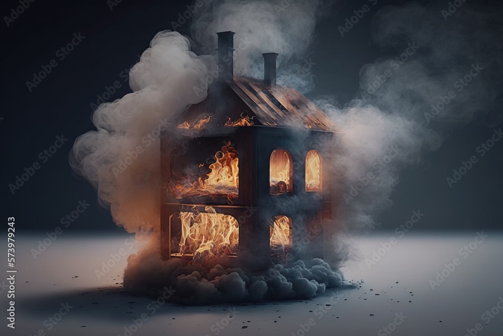 Fototapete a house on fire with smoke coming out of it and smoke coming out of the roof octane rendering a 3d r