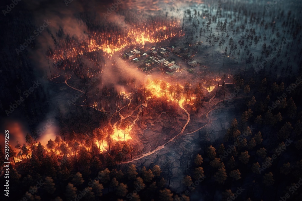 Poster a fire burning in a forest with a lot of trees around it and a lot of houses on the other side explo