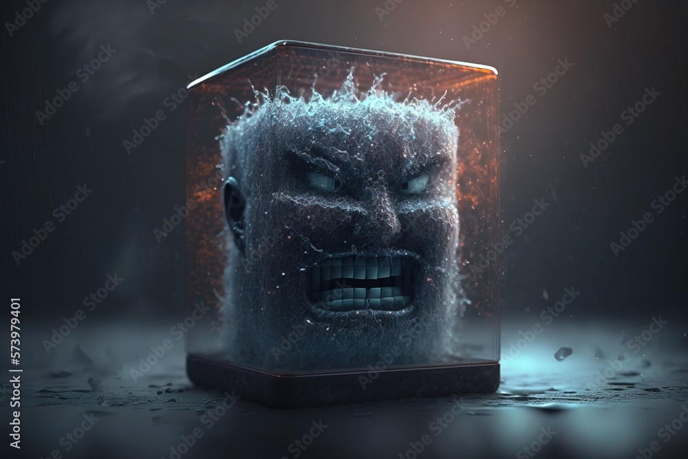 Poster a box with a face and a light coming out of it with a fogy background 3 d render a 3d render shock a
