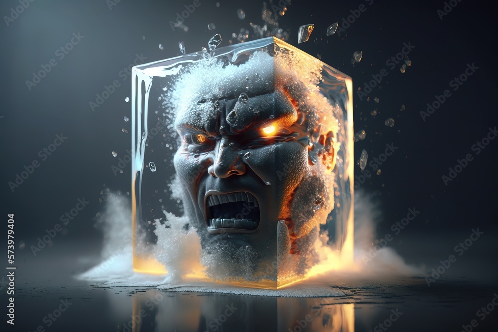 Poster a cube with a face and flames coming out of it with a man's face in the middle of the cube ice a 3d 