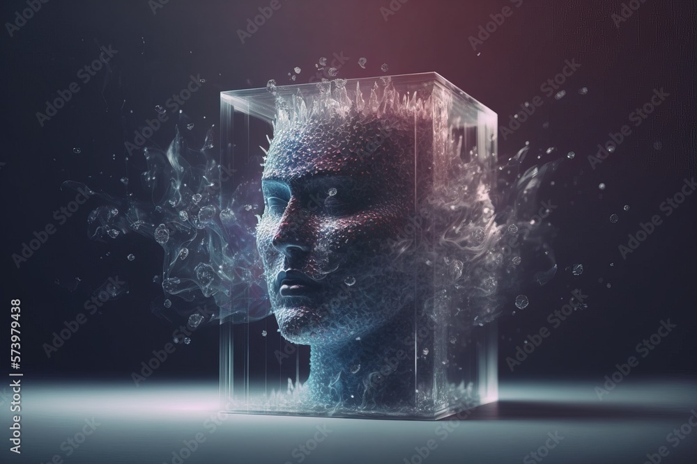 Poster a man's face is surrounded by bubbles and smoke in a glass cube on a dark background redshift render