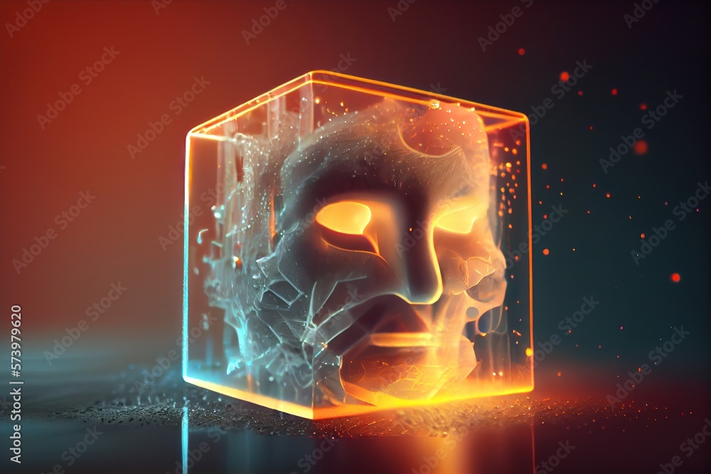 Poster a glass cube with a face inside of it and a glowing light coming out of it 3 d render a 3d render co