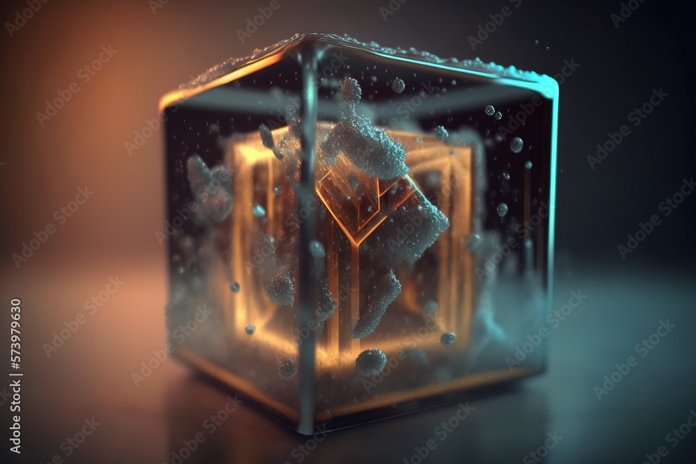 Poster a cube with a figure inside of it on a table with water droplets on it octane renderer a 3d render c
