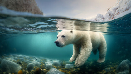 White Polar Bear Jumping in a Crystal Clear Water - Generative AI