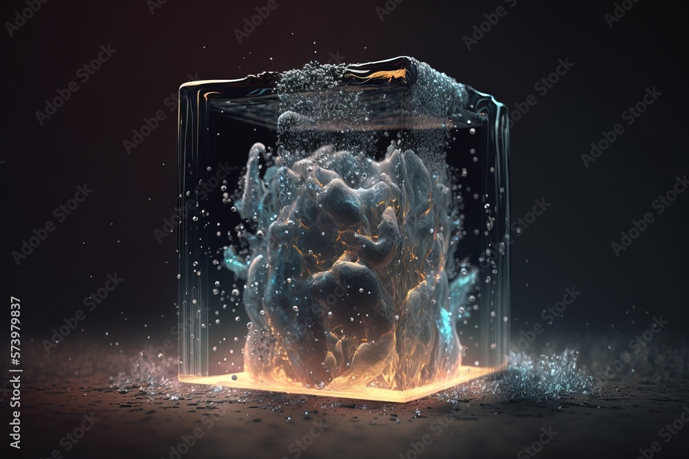 Poster a cube with a liquid inside of it on a table top with water splashing around it octane renderer a 3d