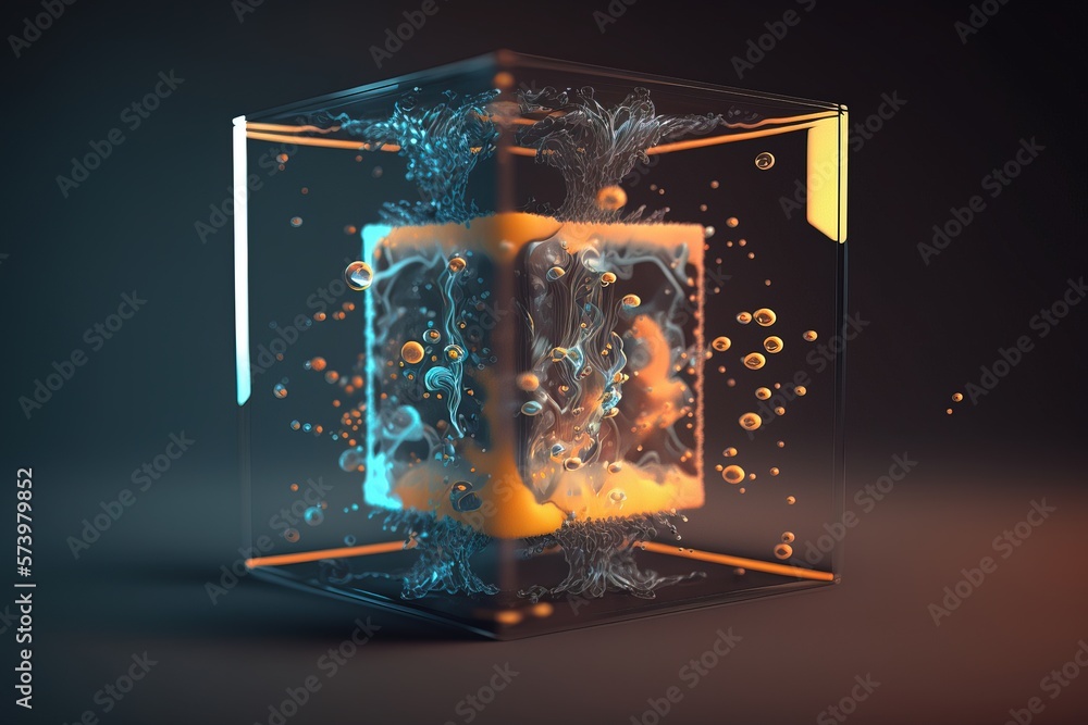 Poster A glass cube with bubbles and bubbles inside it on a black background with a yellow border octane renderer a 3d render abstract illusionism