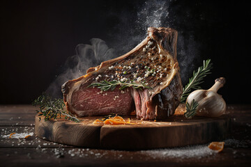 lamb chops on a wooden board - T-bone - delicious food - Created with Generative AI technology.