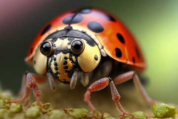 Ladybird in macro close-up, AI generated. Ladybirds are natural predators of a range of serious pests.