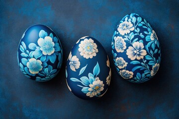  three blue decorated eggs on a blue surface with flowers on them.  generative ai