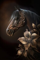 Portrait Arabian Brown Horse with Flowers, Luxury Digital Art. Poster Generative AI