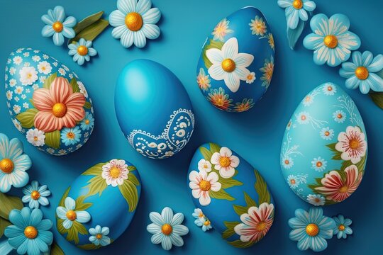  a group of painted easter eggs with flowers on a blue background.  generative ai