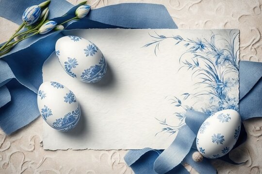  three blue and white decorated eggs on a paper with a blue ribbon.  generative ai